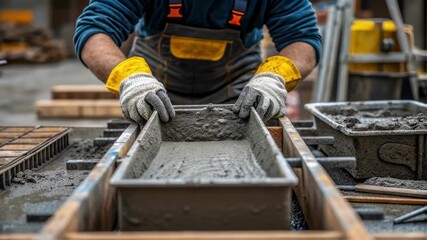Poster - Skilled construction professional wearing protective safety gloves leveling wet concrete inside wooden formwork, meticulously creating smooth foundation surface for residential building project
