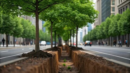 Poster - Urban forestry team planting young trees along busy city street, small weed growing in nearby drainage ditch, showcasing urban greenery and sustainable landscape development
