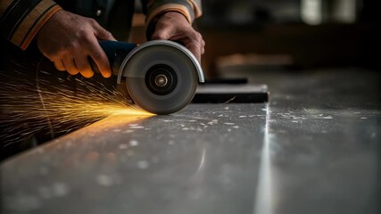 Aufkleber - Construction worker precision cutting ceramic tile with industrial angle grinder, generating bright yellow white metal sparks while wearing protective safety gear on wooden workbench