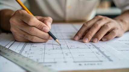 Poster - Architect's hands drawing a precise house plan on a blueprint using a ruler and pencil, meticulously adding details to the architectural design
