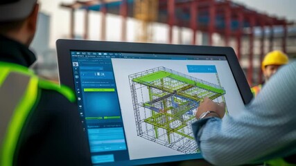 Poster - Professional engineers in safety gear interacting with 3d building model on touchscreen, highlighting cutting edge technology in architectural design and construction industry