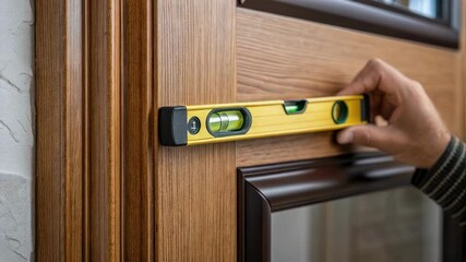 Aufkleber - Construction worker uses a spirit level to check the verticality of a wooden door frame during installation, ensuring precise alignment and a professional finish
