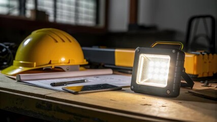 Poster - Led work light brightly illuminating construction site desk with blueprint, smartphone, pen, and safety helmet, emphasizing workplace safety and visibility