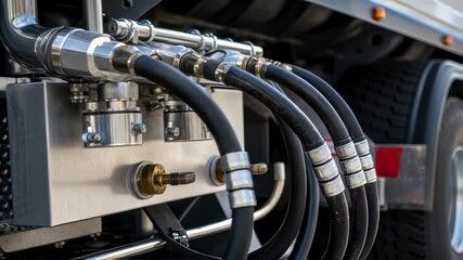 Aufkleber - Robust black hydraulic hoses with metal connectors joining shiny metallic surface, highlighting intricate engineering details of commercial tanker trailer during technical connection procedure