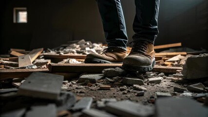 Poster - Construction worker navigating hazardous demolition site, carefully stepping across concrete debris and rubble while wearing protective safety boots, showcasing industrial work challenges