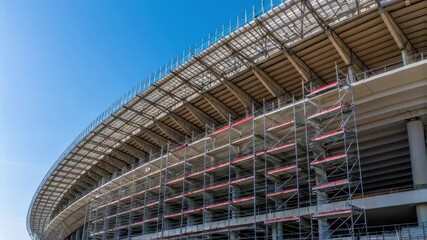 Aufkleber - Construction workers constructing large stadium framework. Scaffolding covering exterior structure against bright blue sky. Showcasing modern urban development and architectural engineering progress