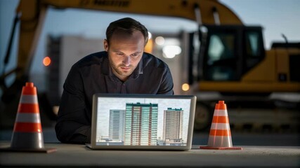 Poster - Focused architect reviews blueprints on his laptop at a dimly lit construction site, an excavator visible in the background, with traffic cones marking the area