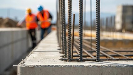Poster - Construction workers walking across reinforced concrete foundation, steel bars protruding from structural framework during ongoing building development project