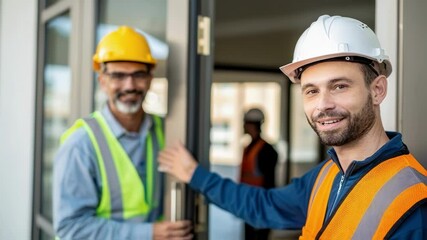 Poster - Friendly construction worker wearing an orange safety vest and white hardhat welcomes an architect or engineer wearing a yellow hardhat on a construction site