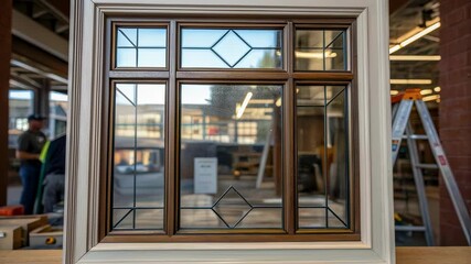 Aufkleber - Wooden window frame undergoing professional painting process, transforming color from light to dark brown within carefully organized workshop environment, showcasing skilled woodworking technique