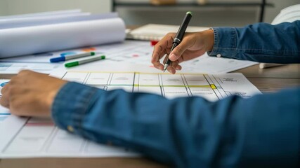 Aufkleber - Professional architect working on construction project, drawing and sketching building plan on blueprint with colorful markers and pen, designing and developing new architectural drawing