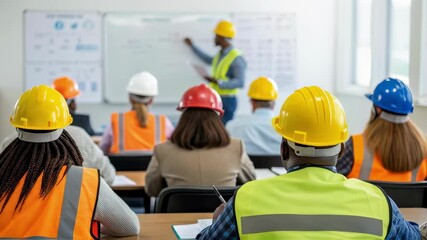 Aufkleber - Construction workers and engineers wearing safety vests and hard hats are attending a lesson about safety procedures in a classroom, a teacher is explaining a project on a whiteboard
