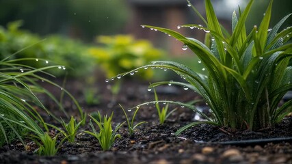 Aufkleber - Rain droplets clinging to vivid green grass blades, resting on dark garden soil with softly blurred botanical background, highlighting natural moisture and freshness
