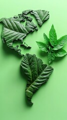 Wall Mural - Leaf map concept. Global growth with leaves. Green background. Symbolizes environment, ecology
