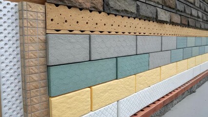 Fototapete - External thermal insulation composite system being installed on a building wall, showing various layers of insulation, adhesive, and finishing materials for energy efficiency and weather protection