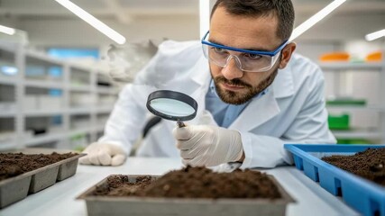 Poster - Laboratory technician wearing lab coat and protective glasses carefully examines soil sample using magnifying glass, conducting analysis in controlled environment