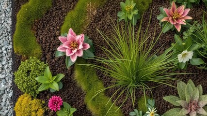 Aufkleber - Top view of a meticulously designed flower bed showcasing a variety of colorful flowers. Lush green moss. Ornamental grasses. And succulents. Creating a visually appealing miniature garden landscape