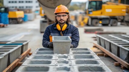 Poster - Construction worker wearing safety equipment carefully positions a concrete mold onto a set of freshly made concrete blocks in a busy factory environment