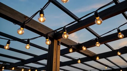 Poster - Soft glowing string lights casting warm illumination across vintage wooden pergola, highlighting twilight's serene ambiance with gentle, inviting radiance