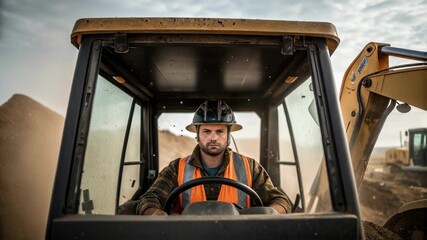 Aufkleber - Construction worker wearing safety helmet and vest, driving heavy machinery on a construction site, performing repetitive tasks with precision and focus