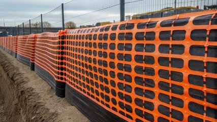 Poster - Orange plastic safety net gently waving on chain link fence, fluttering with wind movement at active construction site, ensuring site safety and visibility