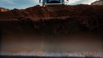 Poster - powerful yellow bulldozer working intensively at quarry site, capturing dynamic earthmoving process 