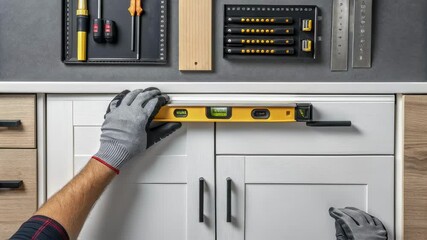 Poster - Skilled carpenter carefully checking kitchen cabinet alignment using precision spirit level during meticulous installation process, ensuring perfect placement and professional woodworking standards