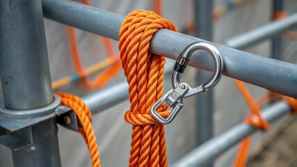 Aufkleber - Professional construction worker securing safety harness with carabiner, attached to bright orange rope while working on metal scaffolding at elevated industrial site