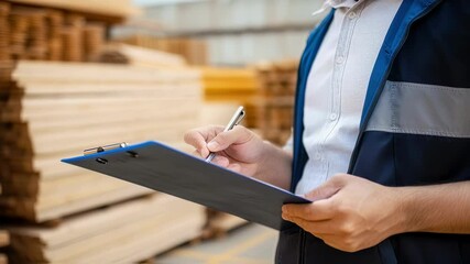 Poster - Warehouse worker writing notes on clipboard, performing quality control of lumber, ensuring accurate inventory management within storage facility