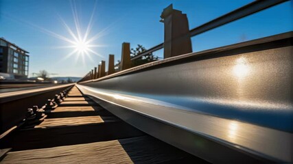 Aufkleber - Sunlight gleaming on newly installed metal guard rail, highlighting railway infrastructure development with bright steel beam against expansive blue sky backdrop