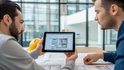 Poster - Two male architects are examining a blueprint displayed on a digital tablet, engaging in a collaborative discussion about the architectural design in a well lit office environment