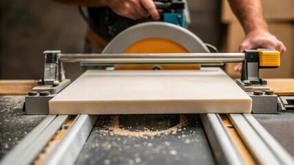 Poster - close up of a carpenter's hands skillfully guiding a square white panel through a table saw equipped