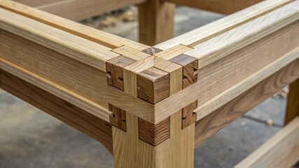 Poster - Precise craftsmanship is evident in the meticulously assembled corner joint of a wooden table, showcasing the interlocking pieces of light and dark wood