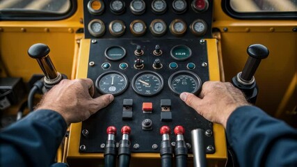 Aufkleber - Industrial machine operator managing control panel with analog gauges, levers, and buttons inside cramped machinery cabin, demonstrating precise technical skills and workplace expertise