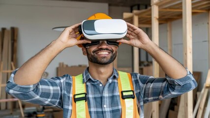 Aufkleber - Construction professional wearing virtual reality headset, confidently exploring immersive technology in modern carpentry workshop, showcasing innovative digital design approach
