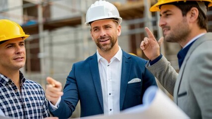 Aufkleber - Professional architect in business attire and white hardhat discussing blueprint with construction workers wearing yellow safety helmets at active building site
