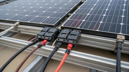 Aufkleber - Close up view of electrical connectors and wiring attached to solar panels, highlighting the connection process in a residential or commercial solar energy system