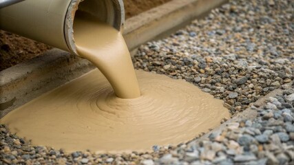 Poster - Liquid bentonite clay slurry pouring from a pipe into a trench filled with gravel, creating a smooth, viscous pool for construction purposes
