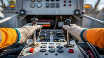 Aufkleber - Construction worker wearing protective gloves controlling heavy machinery, carefully operating levers and buttons on industrial control panel with precision and skill