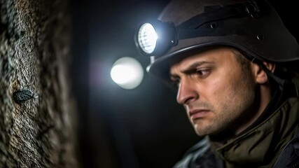 Aufkleber - Soldier wearing tactical gear and headlamp standing in dark underground cave, face illuminated with worried expression, conveying sense of danger and military mission