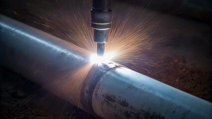 Aufkleber - Robotic welding system precisely joining metal pipes, generating bright sparks and intense illumination within modern industrial manufacturing environment
