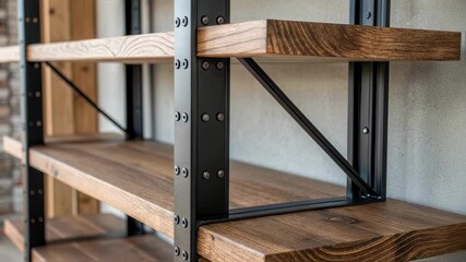 Aufkleber - Sturdy wooden shelves featuring black metal supports affixed to textured gray wall, embodying contemporary industrial aesthetic with raw, minimalist design elements