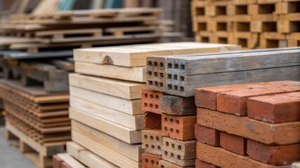 Aufkleber - Wooden planks and red bricks are neatly stacked, showcasing essential building materials available at a construction warehouse or lumberyard