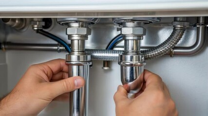 Poster - Professional plumber connecting corrugated pipe to siphon, carefully assembling plumbing system during residential kitchen renovation with precise technical expertise