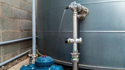Poster - Water gushing from metal pipe connecting large tank, pump generating increasing flow intensity while gradually filling industrial storage system for irrigation and resource management
