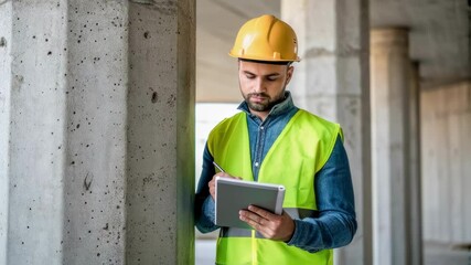 Poster - Construction engineer wearing safety gear documenting architectural project progress on digital tablet while standing at indoor building site with professional precision