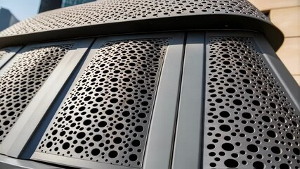 Aufkleber - Metallic ventilation grilles with a futuristic circular pattern on a contemporary building, showcasing different perspectives and angles of architectural design