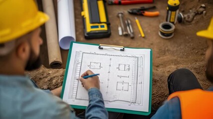 Aufkleber - Two construction workers, wearing hard hats and safety vests, are carefully examining and discussing a blueprint at a construction site, surrounded by tools and equipment