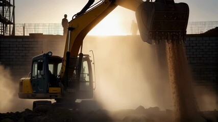 Aufkleber - Mechanical excavator unloading earth during golden hour sunset, silhouetted construction workers supervising earthmoving process at industrial development site with dust rising