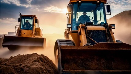 Poster - Heavy industrial machinery moving earth. Creating dust clouds during golden sunset light at active construction development site. Showcasing powerful earthmoving equipment working under dramatic sky